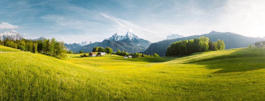 Beautiful view of idyllic alpine mountain scenery with blooming meadows and snowcapped mountain peaks on a beautiful sunny day with blue sky in springtime.