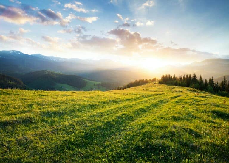 Sunset in the mountain valley. Beautiful natural landscape in the summer time