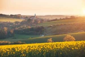 Tranquil view on of sunlit wavy fields of agricultural area. Location place of South Moravia region, Czech Republic, Europe. Photo wallpaper. Image of an ecological district. Beauty of world.