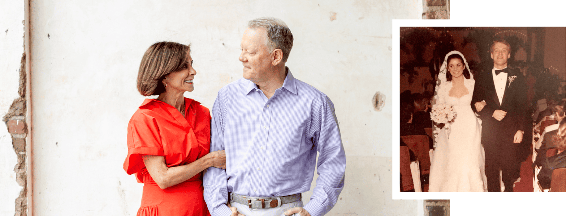 My Life - Marcy Gregg and husband looking at each other, wedding photo to right