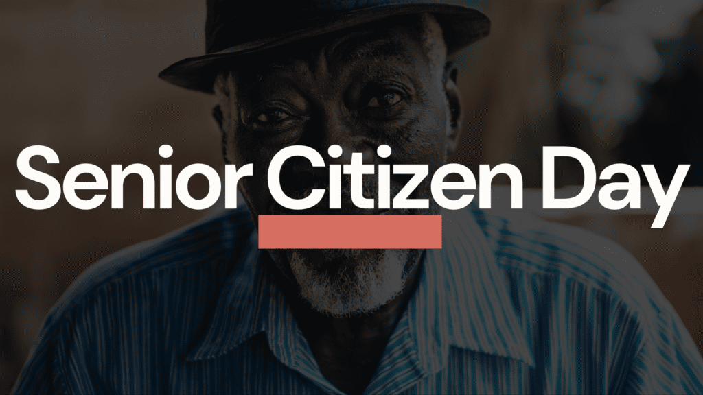 Senior Citizen Day text over an senior man's face.