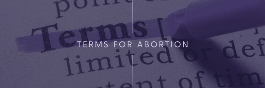 "Guide to Abortion Definitions & Language" graphic with faded purple background and "terms for abortion" on it.
