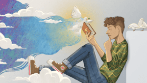 Teen boy sitting on cloud, reading bible with dove on top, sky in background