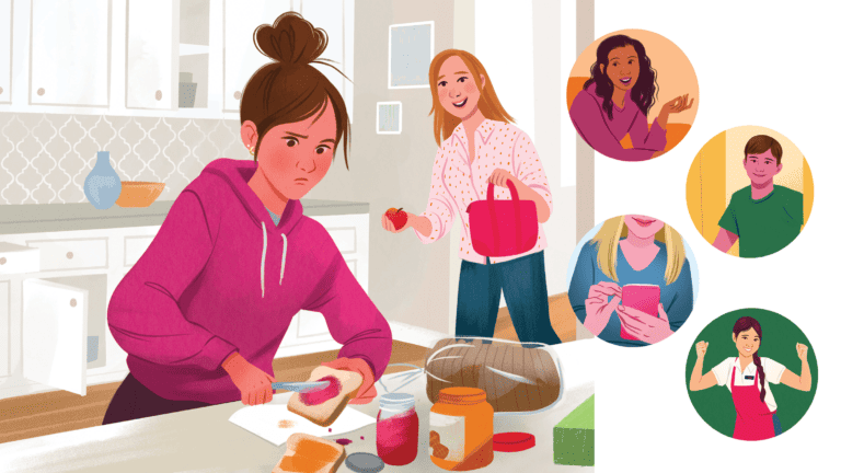 Teen girl making peanut butter and jelly sandwich with annoyed look on her face. Mother in background of kitchen smiling offering to help. Four circle insets of teens: talking, using phone, walking in smiling, and arms raised with apron on