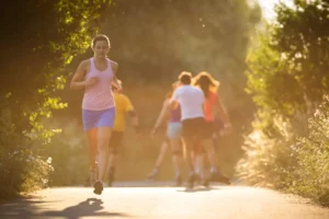 moral compass: young girl running in the opposite direction of her peers.