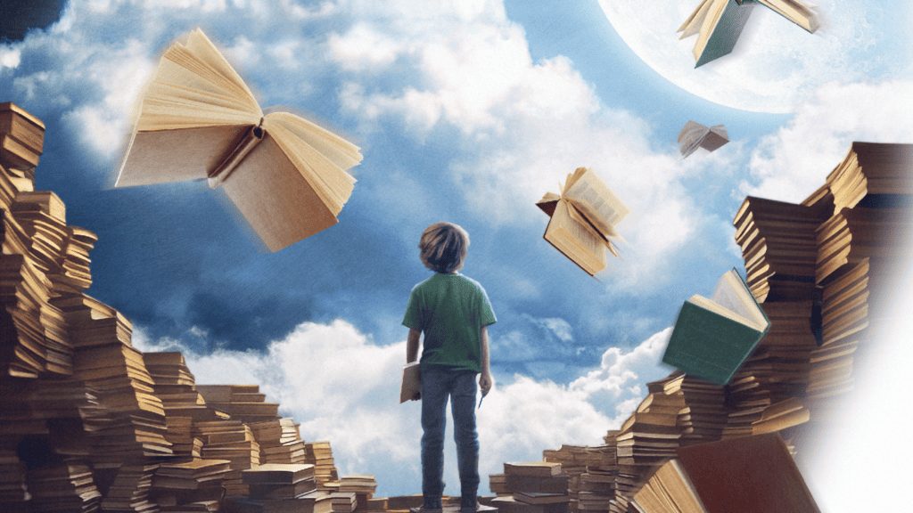 Christian Fiction and the Power of Story - young boy surrounded by books, looking up to sky filled with flying books.