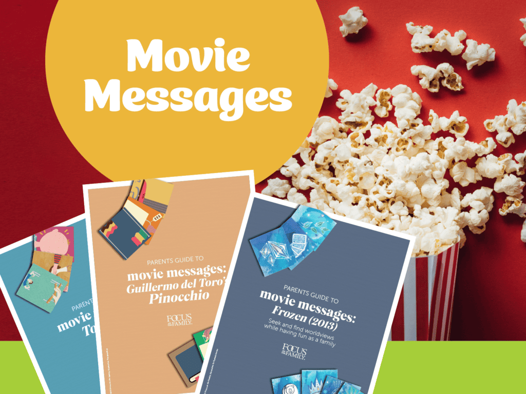 Popcorn on red background with three images of Movie Message downloads. "Movie Messages"