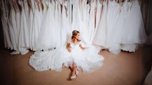 Photo of bride sitting on the floor in a wedding dress, stressed by all her wedding planning. There are wedding dresses hanging on racks all around her and darkness at the edge of the image.