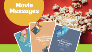 popcorn spilled on red background with movie messages download images in front