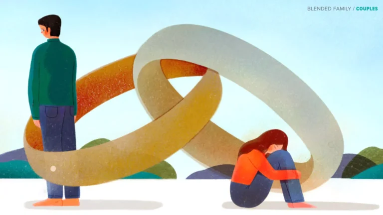 Graphic of a man and woman in conflict, with their backs turned on each other. Their wedding rings interlock around them, keeping them united despite their communication differences