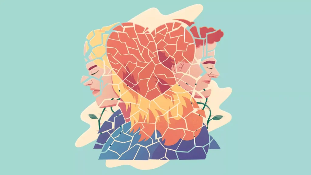 Graphic of a married couple and a heart, shattered and pieced back together because they fight for love.