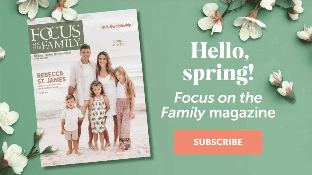 Rebecca St. James and family on the cover of the Focus on the Family magazine. On green background with spring flowers.