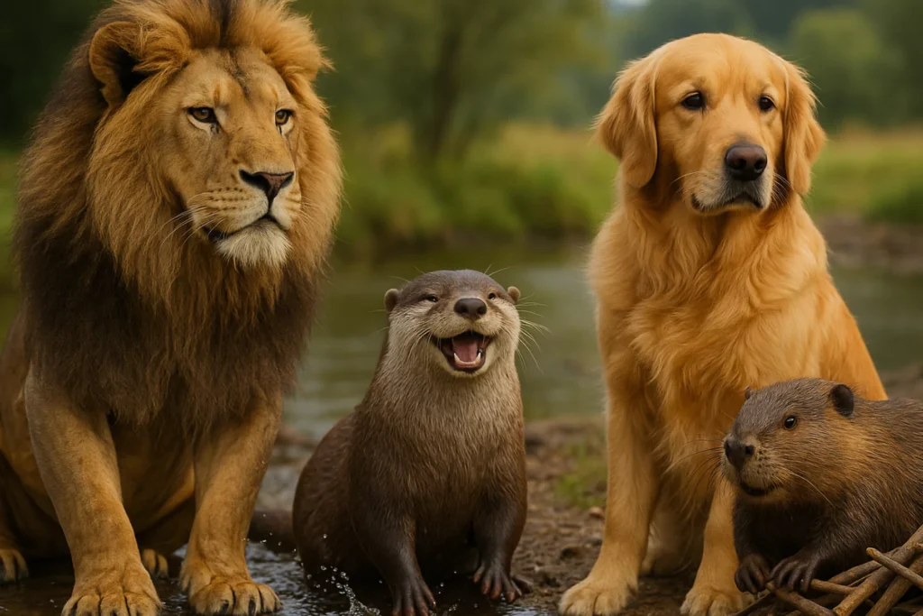 Lion, otter, golden retriever, and beaver sit together by the water, each representing different animal personalities.