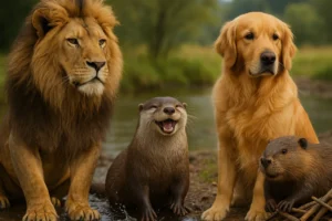 Lion, otter, golden retriever, and beaver sit together by the water, each representing different animal personalities.