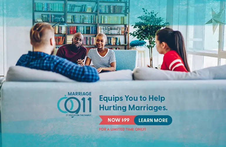 Couple receiving counseling during Marriage 101 program by Focus on the Family to help hurting marriages, limited-time offer.