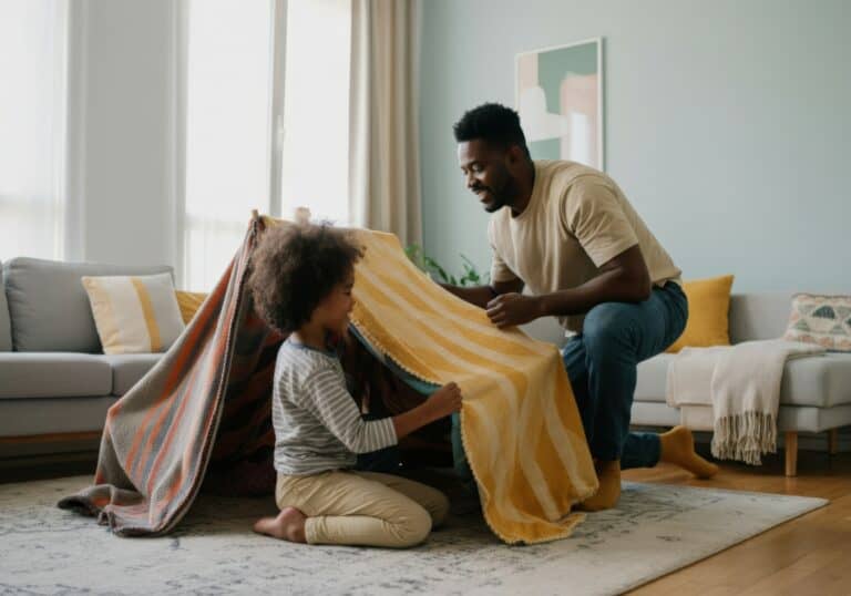 Father and son are bonding over building a pillow fort in their living room.