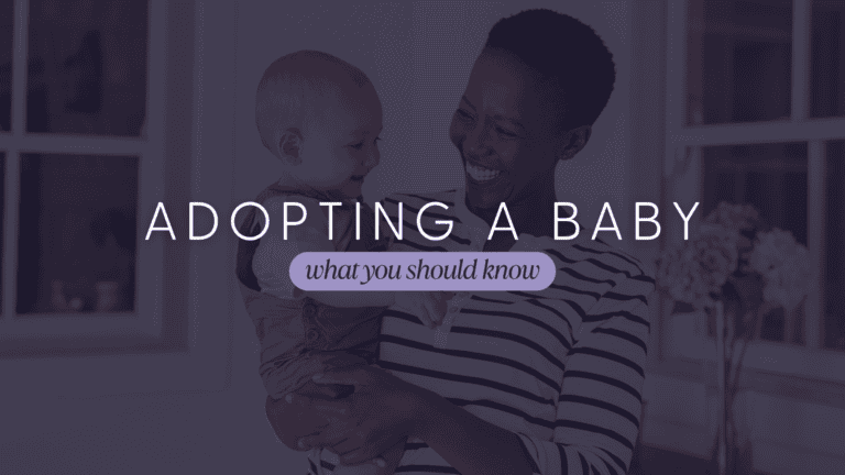 An Image titling the name of the article in purple and white fonts. Adopting a Baby what you should know.