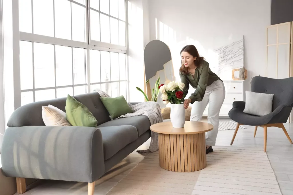 A woman perfectly tidies a vase of flowers in an immaculate living room. Perfectionism in Marriage isn't healthy for us or our relationships.