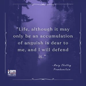 "Top Pro-life Movies and Books for the Whole Family" graphic with Frankenstein quote and faded, foggy, and purple background set in the forest.