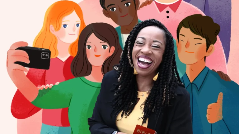 Photo of Monique Duson overlaid on illustration of multi-racial people.
