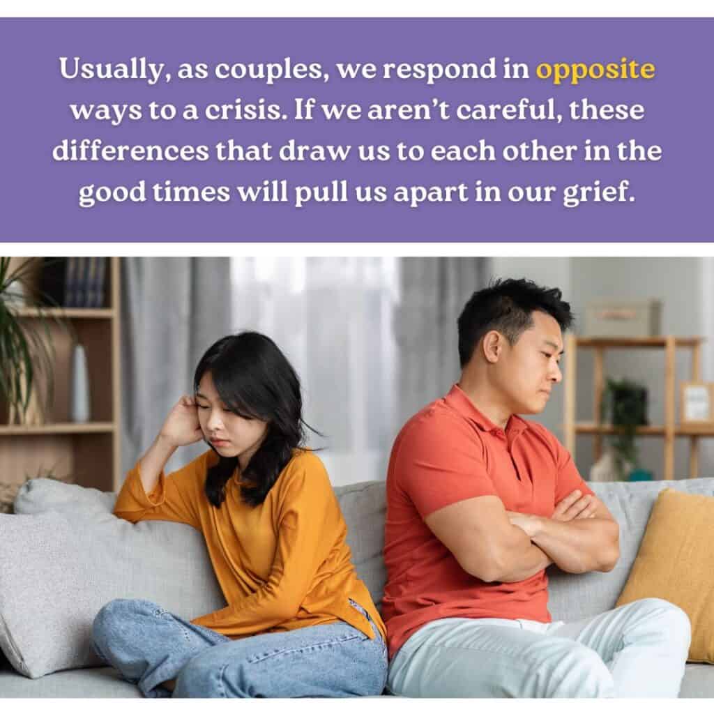 A couple sits on a couch, facing away from each other, looking upset, with a quote about how couples often respond in opposite ways to a crisis, emphasizing the importance of knowing tips to have a great marriage when you're foster or adoptive parents..