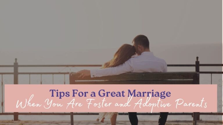 a couple sitting closely on a bench overlooking a scenic view, which emphasizes the need for tips for a great marriage when you are foster or adoptive parents.
