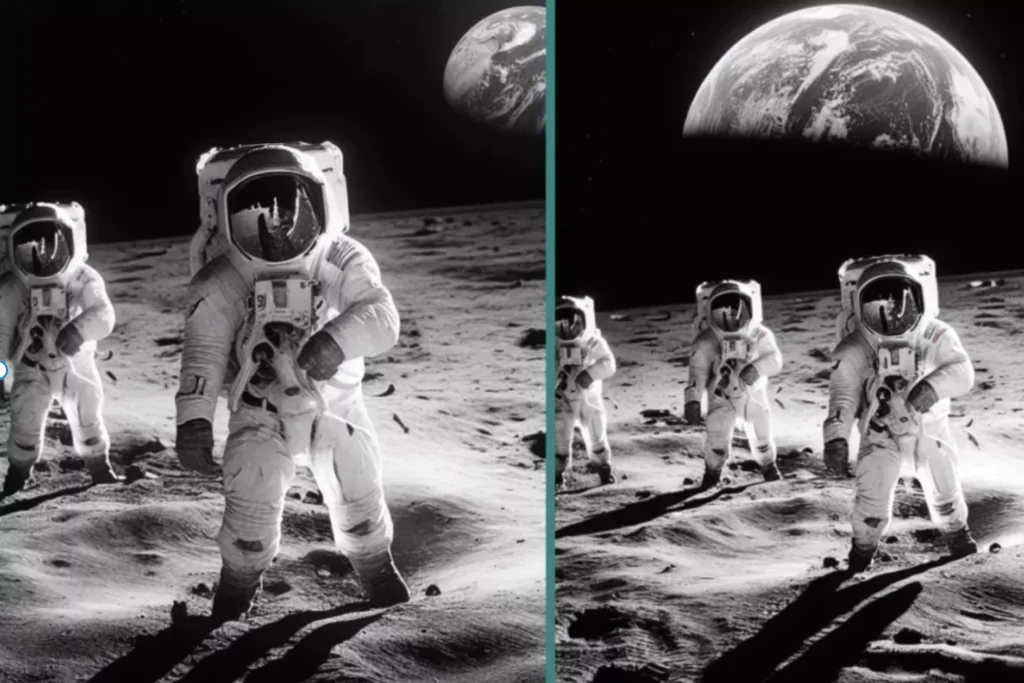 A black-and-white AI-generated image of astronauts walking on the Moon with Earth visible in the background. The image is split into two versions, showing subtle differences in lighting and composition.