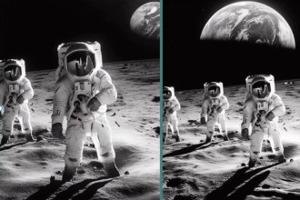 A black-and-white AI-generated image of astronauts walking on the Moon with Earth visible in the background. The image is split into two versions, showing subtle differences in lighting and composition.