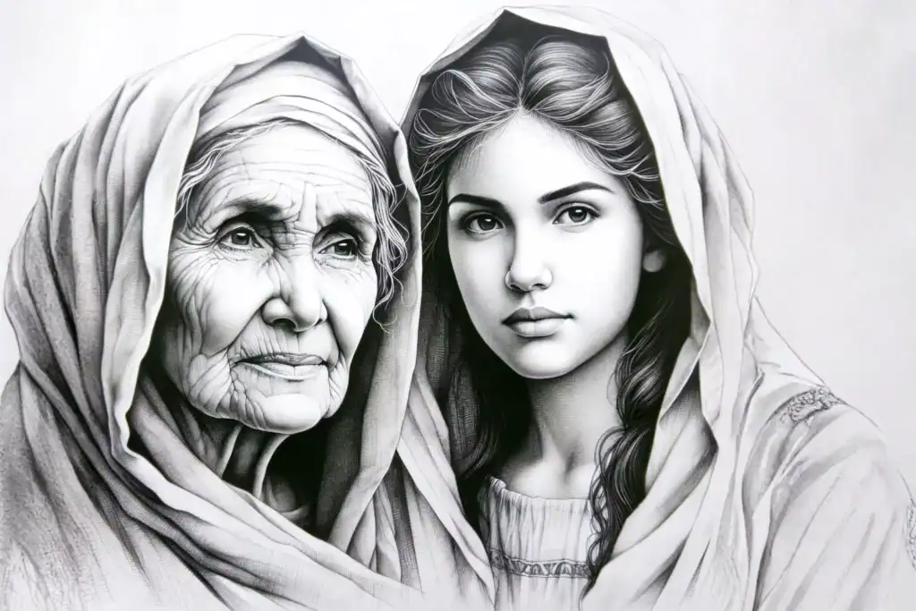 Pencil illustration of two women of the Bible standing closely together, draped in detailed, flowing robes with soft shading and intricate fabric folds.