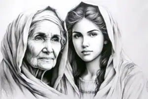 Pencil illustration of two women of the Bible standing closely together, draped in detailed, flowing robes with soft shading and intricate fabric folds.