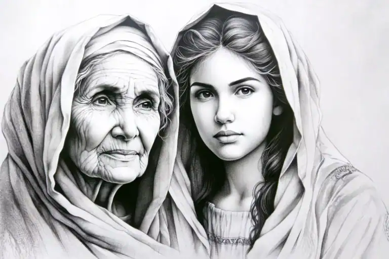 Pencil illustration of two women of the Bible standing closely together, draped in detailed, flowing robes with soft shading and intricate fabric folds.