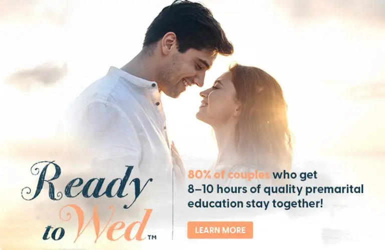 Engaged couple embracing outdoors with Ready to Wed premarital education success statistic displayed