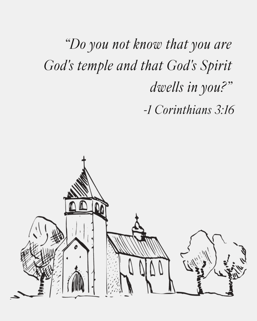 End of Life Planning | Christian Perspective graphic with a sketch of a church and 1st Corinthians 3:16 above it.
