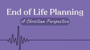 "End of Life Planning | Christian Perspective" cover image with title =, purple background, and image of a flatline