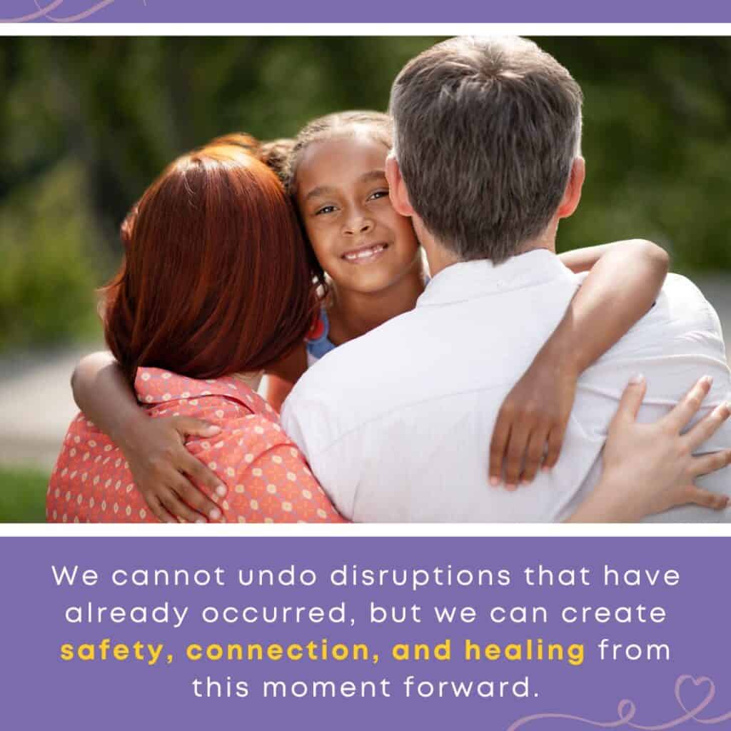 Foster parents embracing a smiling girl, symbolizing healing after disruption in foster care.