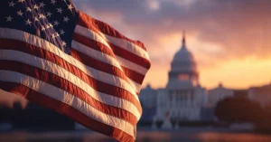 American flag waving in the foreground with the U.S. Capitol building at sunset, symbolizing patriotism and national pride.
