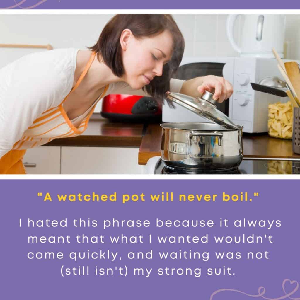 A young woman in an apron leans over a pot on the stove, lifting the lid as she waits for it to boil, symbolizing the struggle of parenting with patience.