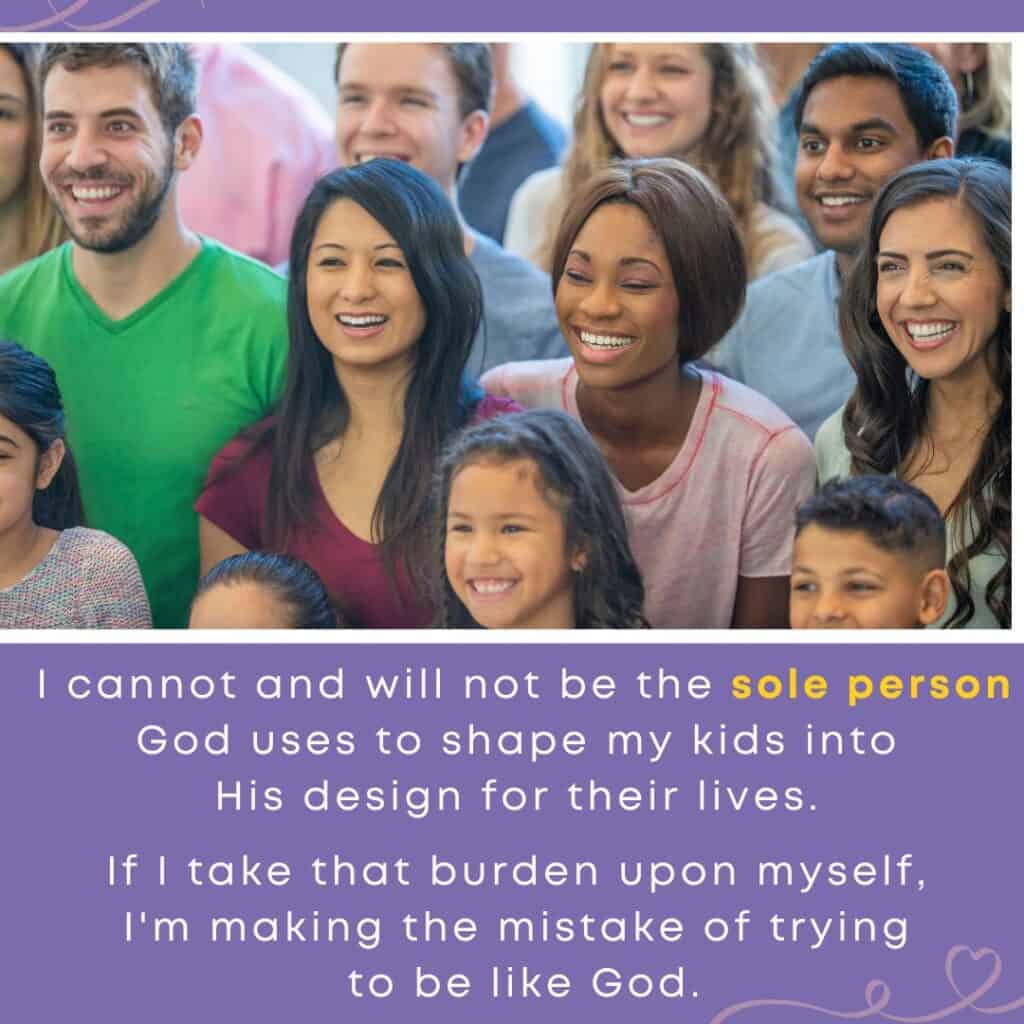 A diverse group of smiling parents and children gathered together, emphasizing the importance of community support and parenting with patience.