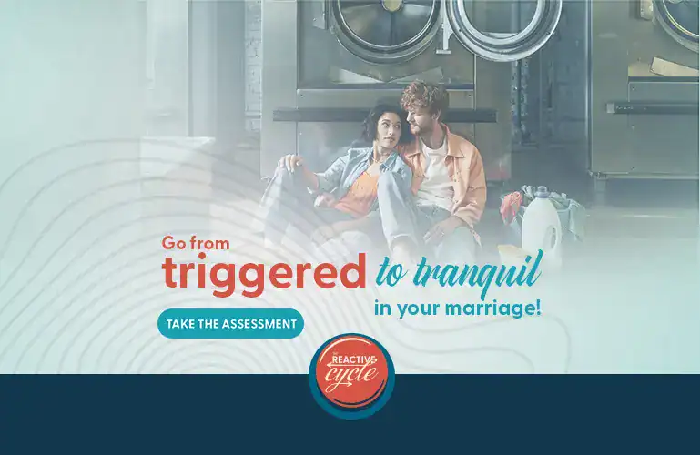 A couple sitting together in a laundromat, promoting a marriage assessment to go from triggered to tranquil in your marriage.