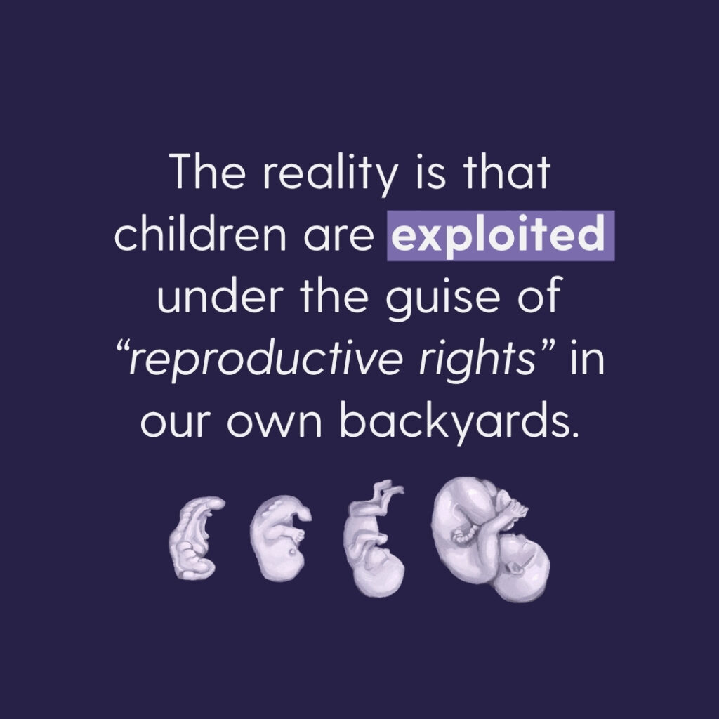 "Child Trafficking: Selling Children Through Abortion and Big Fertility" graphic with quote, purple background, and cartoon of different developmental stages of a baby.