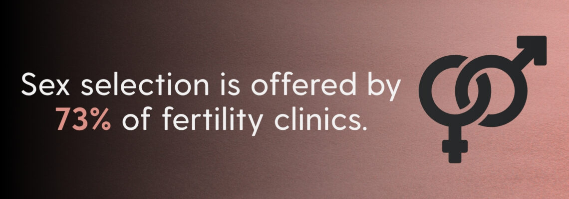 "Child Trafficking: Selling Children Through Abortion and Big Fertility" graphic with statistic about sex selection with a coral background and the male and female sign.