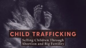 "Child Trafficking: Selling Children Through Abortion and Big Fertility" hero image with a picture of a preborn child's feet via ultrasound and the title.