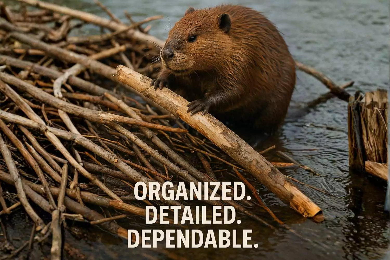 A beaver building a dam with branches, representing the beaver animal personality: organized, detailed, and dependable.