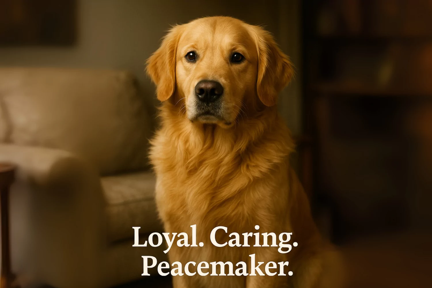 Golden retriever sitting indoors with a calm, gentle expression, symbolizing the golden retriever animal personality: loyal, caring, and a peacemaker.