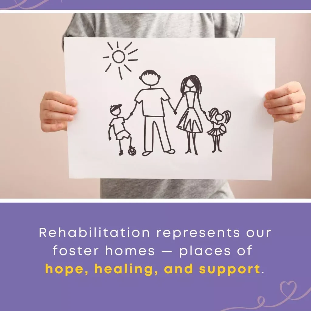 A child holds a drawing of a smiling family under a bright sun, symbolizing reunification and foster care as sources of healing and hope. Text below reads, “Rehabilitation represents our foster homes — places of hope, healing, and support.”