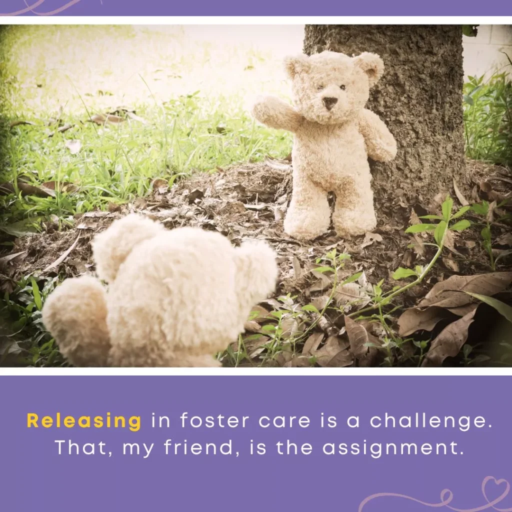 Two teddy bears face each other outdoors, one standing by a tree and the other sitting on the ground, symbolizing the emotional journey of reunification and foster care. Text below reads, “Releasing in foster care is a challenge. That, my friend, is the assignment.”