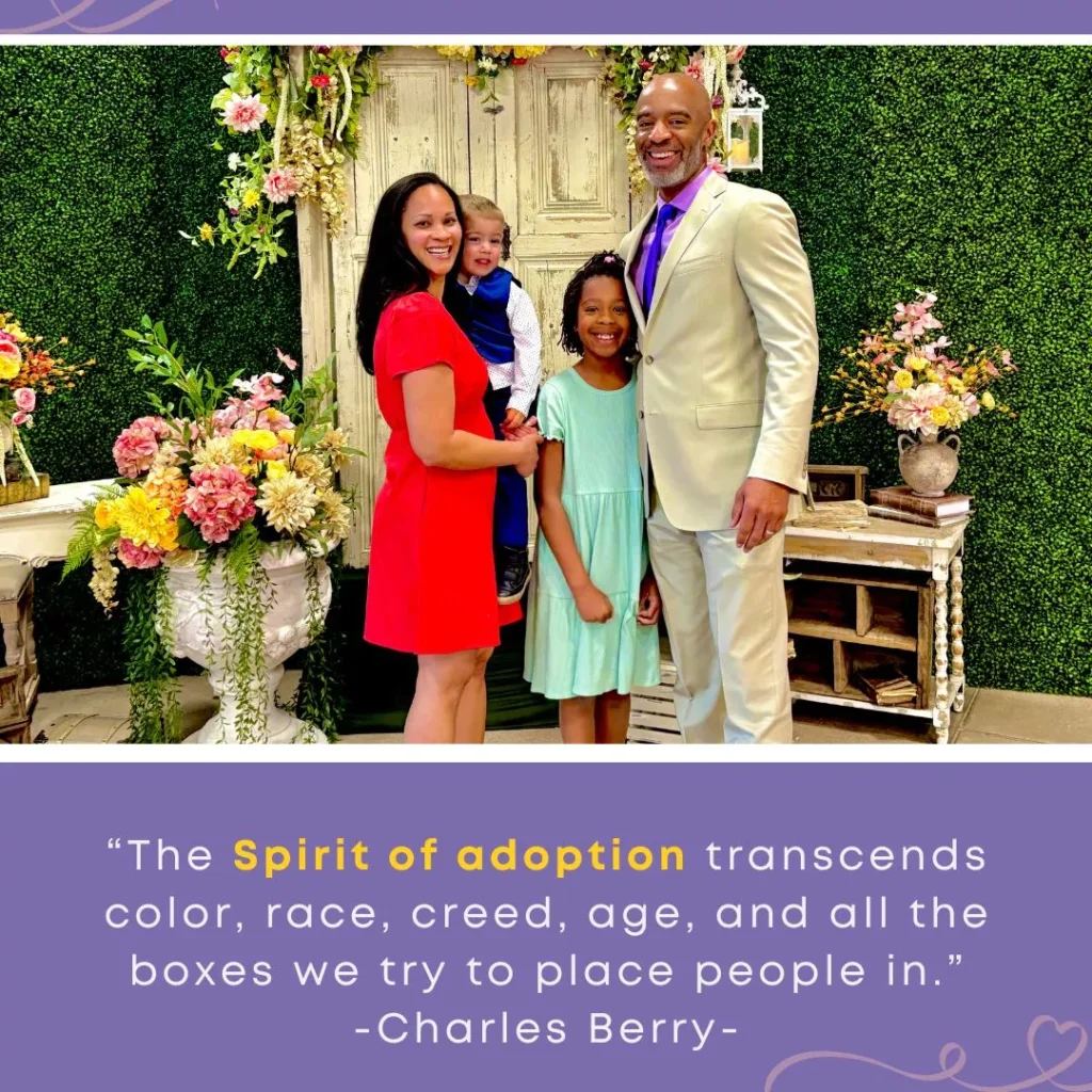 Charles Berry and his family stand smiling in front of a garden gate. Their story of being foster parents is powerful and emphasizes the need for foster parents.