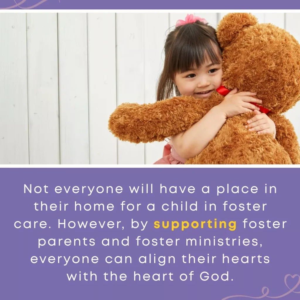 A young child hugs a large teddy bear while smiling softly, paired with text encouraging support for foster parenting and foster ministries.