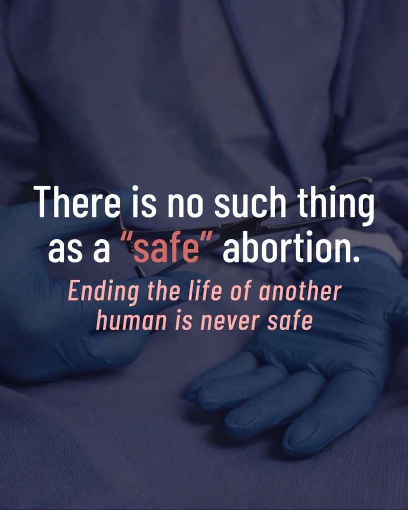 "Abortion Around The World" graphic with an image of a doctor holding medical equipment in the background and the words, "There is no such thing as a “safe” abortion. Ending the life of another human is never safe.
