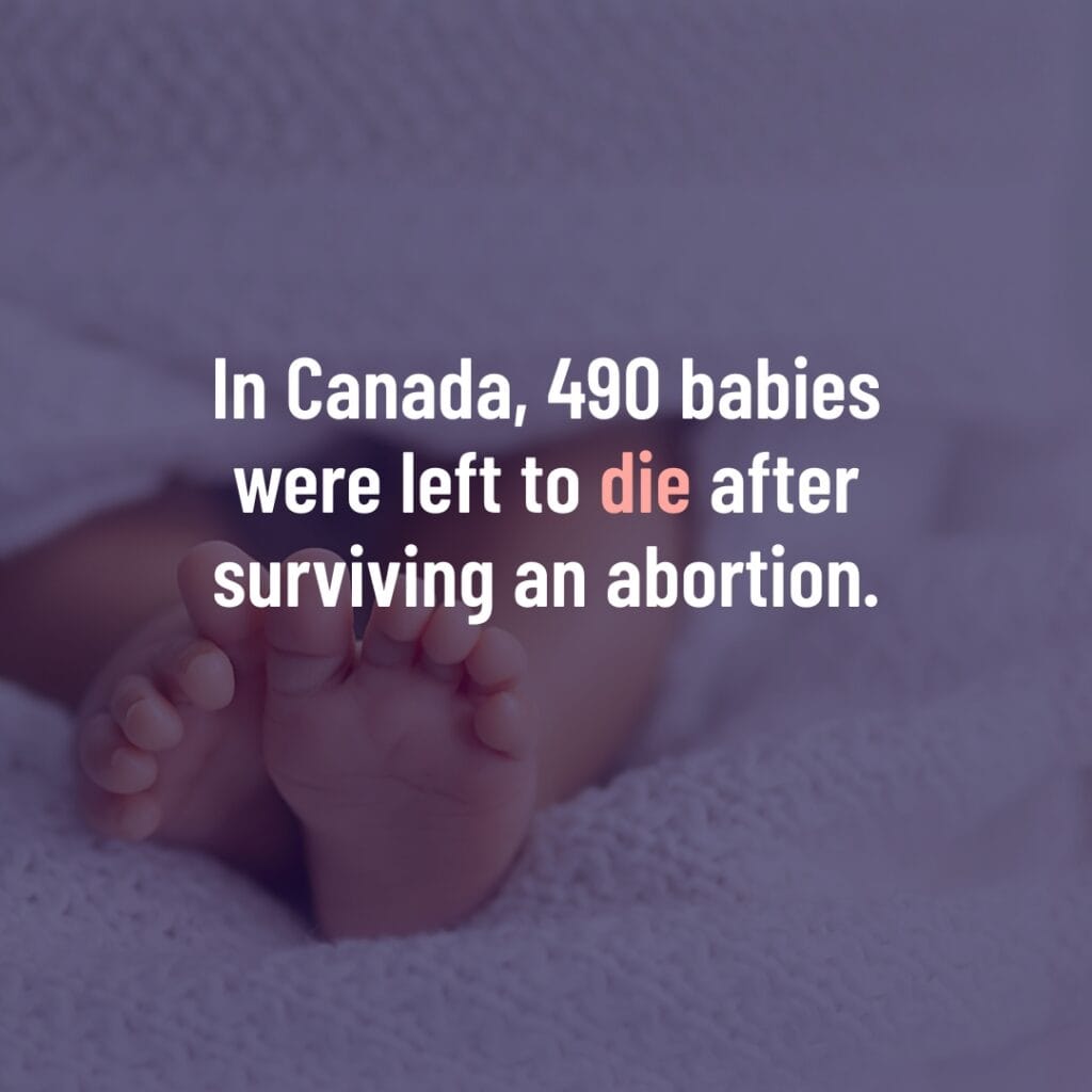 "Abortion Around The World" graphic with an image of a baby's feet in the background with a purple hue and the words "In Canada, 490 babies were left to die after surviving an abortion."